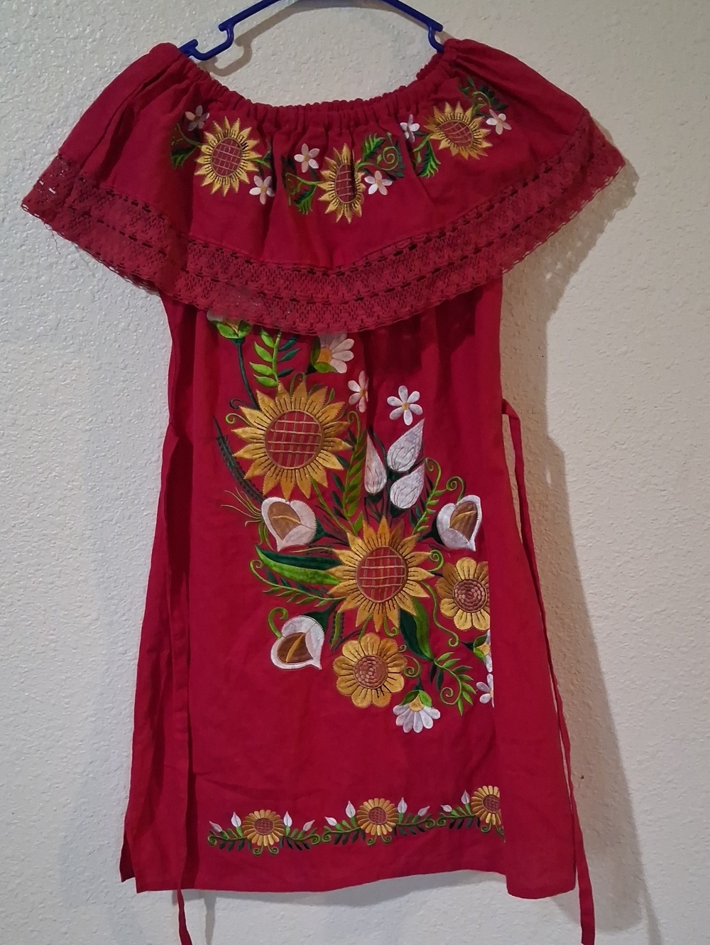 Red Off-Shoulder Embroidered Sunflower Dress